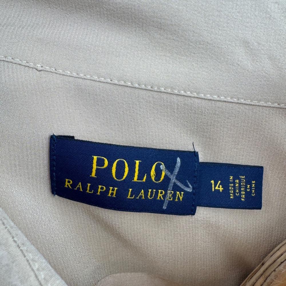 Polo Ralph Lauren Shirt Blouse‎ Size 14 Tan Mulberry Silk Button Down Pockets - Picture 5 of 9